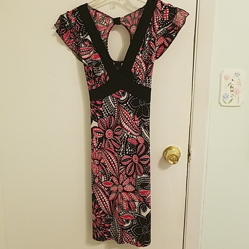Wrapper pink, black, and white floral dress